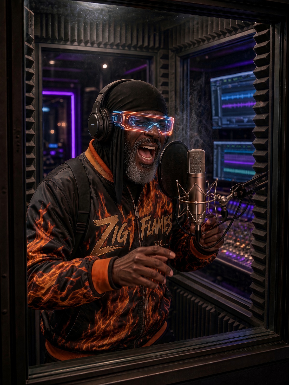 ZigFlames in the Vol. 1 flame jacket, vocal booth, glowing glasses.