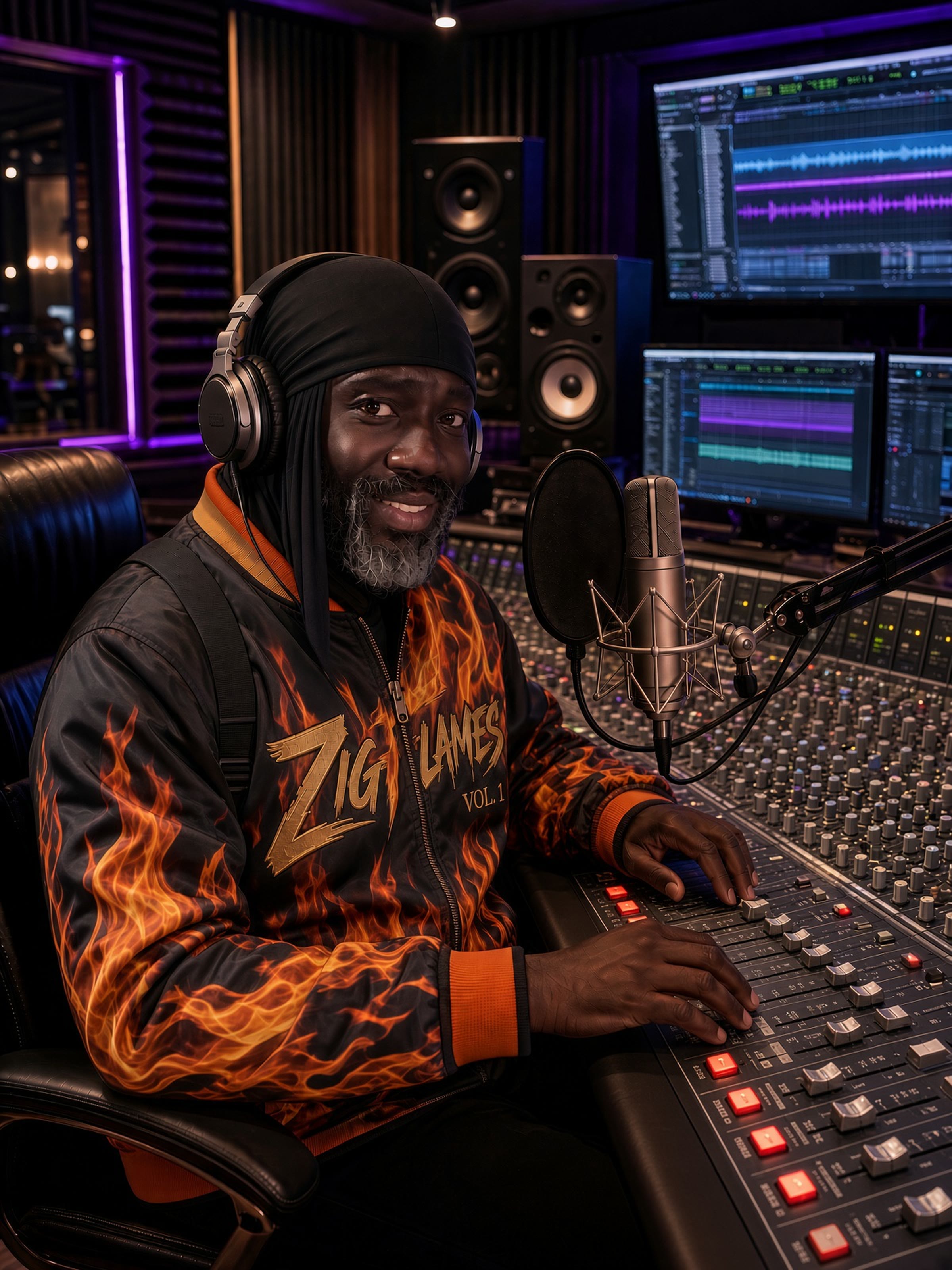 ZigFlames in the Vol. 1 flame jacket at the mixing console, Zig Flame Studio.